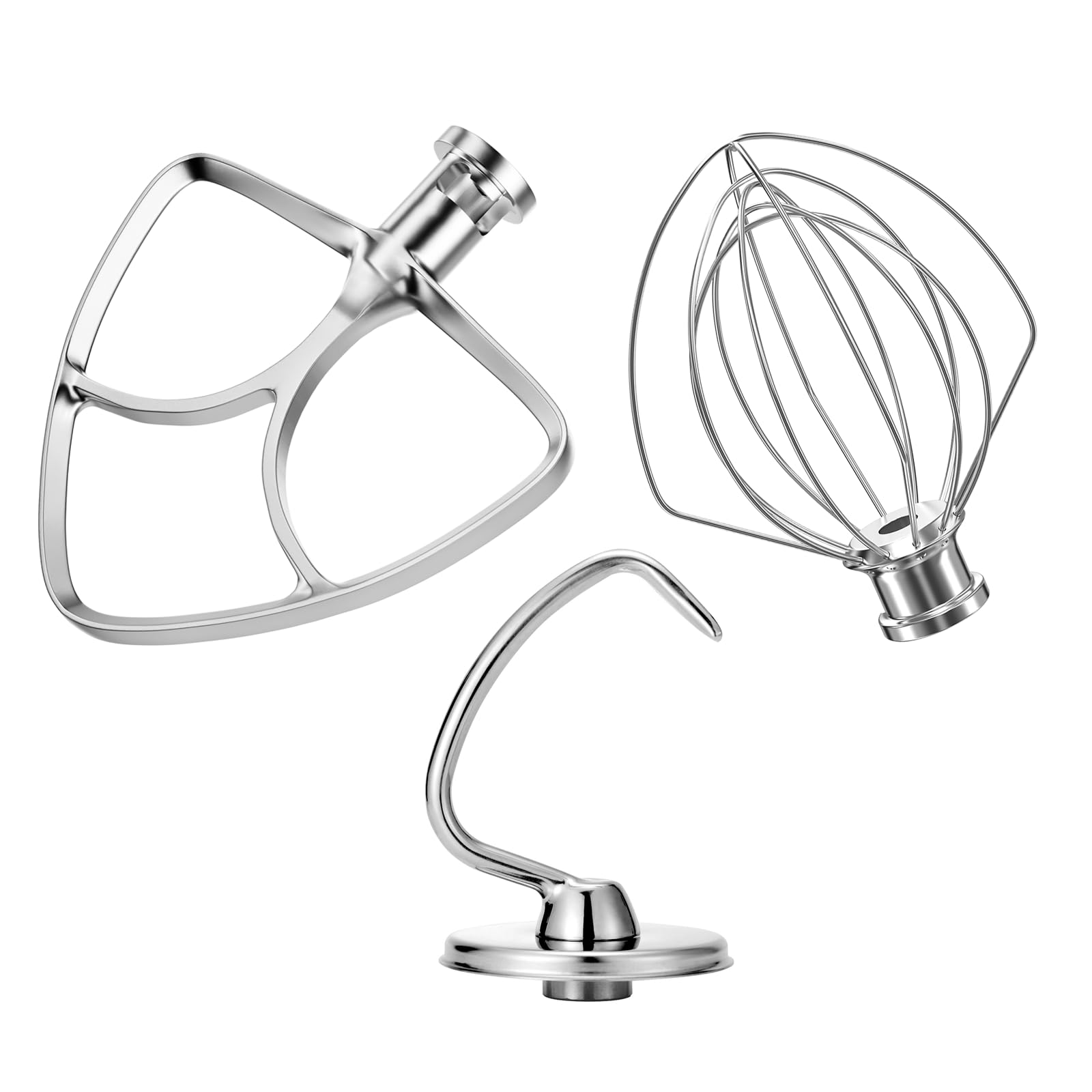 Stand mixer attachments: dough hook, whisk, pasta roller, grinder & juicer.